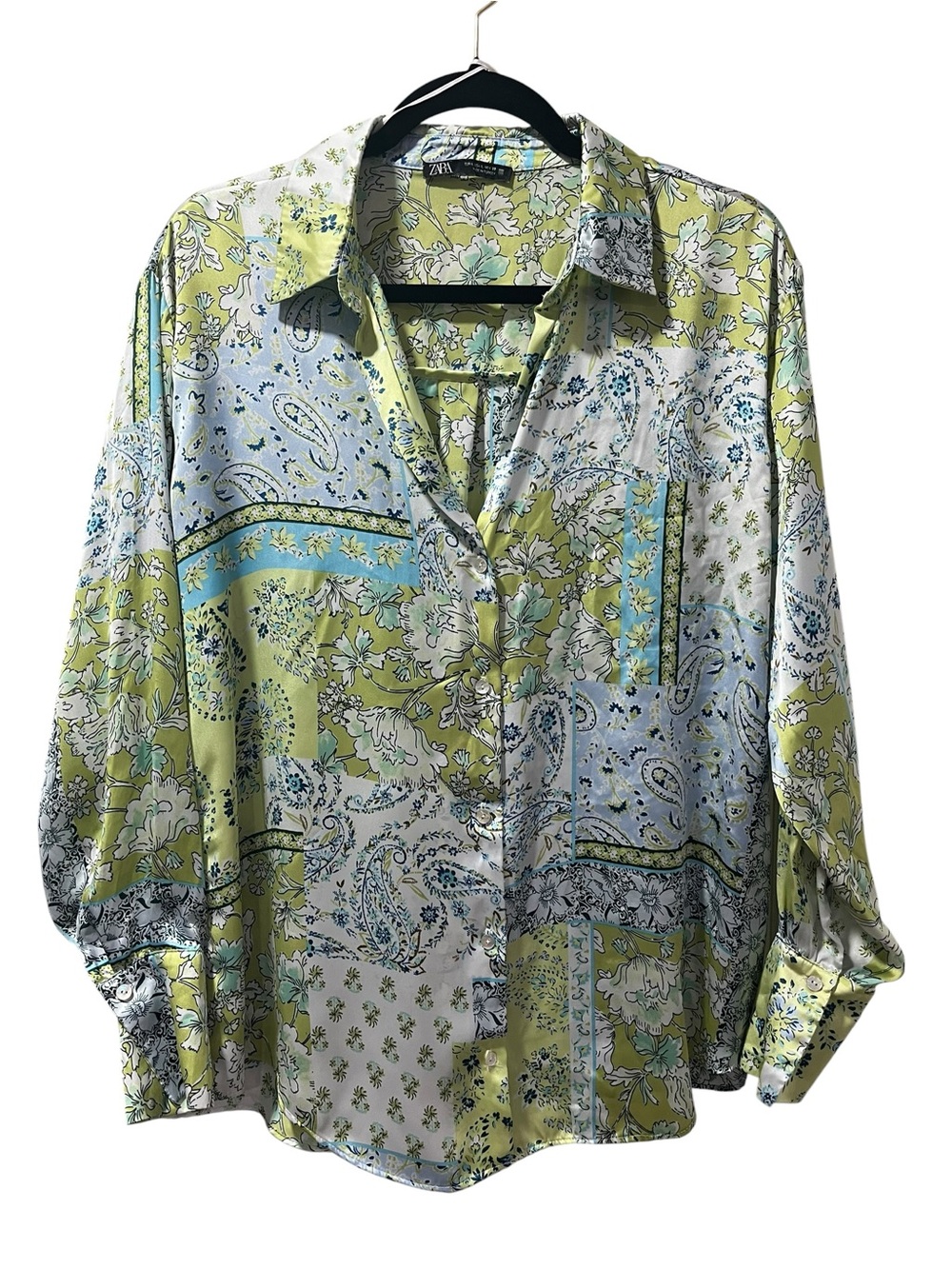 ZARA Patchwork Print Satin Button-Down Shirt Sz Large